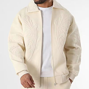 <b>Men's</b> <b>Cream</b> PU Bomber Jacket Embossed Floral Design Turn-down Collar Zipper Closure Casual Autumn Wear - Product Image 4