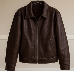 Chaqueta Bomber de Cuero Genuino para Mujer, Cuello Camisero, Manga Larga, Cierre de Cremallera, Color Sólido, Estilo Biker, Otoño - Product Image 1
