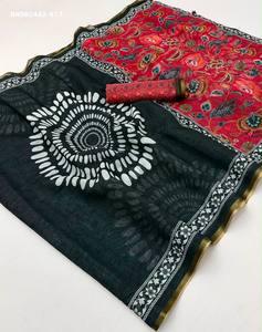 Sari de Lino y Algodón de la Mejor Calidad con Estampado de Círculos Grandes Dispersos y Borde Zari - Blusa con Estampado Digital Multicolor, Exportador Indio - Product Image 6