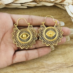 Nouvelles Boucles d'oreilles créoles tendance style bohème, motif œil protecteur, bijoux tribaux en laiton pour femmes, finition laiton antique, design mandala, vente en gros/OEM/ODM - Product Image 3