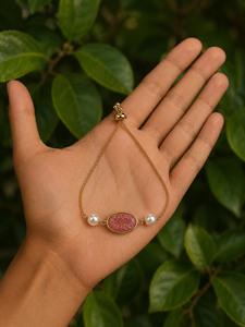 Gold Plated Chain Bracelet With Pink Stone And Imitation Pearl Women's Romantic Style Adjustable Link Jewelry - Product Image 1