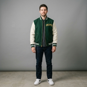 Chaqueta de Lana Verde para Hombre con Mangas Crema, Cuello y Puños de Punto Acanalado, Cierre Frontal Completo, Estilo Casual Urbano Premium, Chaqueta Personalizada de Dos Tonos a la Moda - Product Image 1