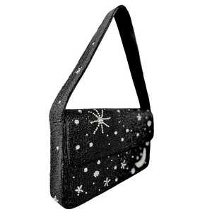 Sac à bandoulière perlé Lune et Étoile, Sac à main noir fait main en perles de rocaille, Sac de soirée ciel nocturne, Sac statement astrologique étoilé - Product Image 1