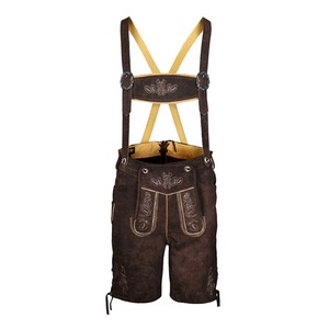Men's Brown Lederhosen With Embroidery Floral Pattern High Waist Bermuda Shorts Casual Style Hand Embroidered <b>Suspenders</b> - Product Image 1