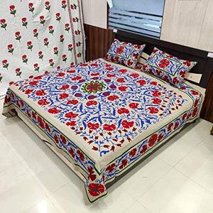 Indian Suzani Embroidery Bedspread Ethnic Art Cotton <b>Bed</b> <b>Sheet</b> Pillow Cover Duvet with Uzbek Design Handmade Embroidered Blanket - Product Image 6