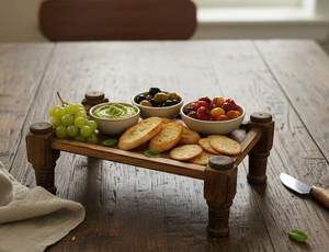 Bandeja Rectangular de Madera Sólida con Forma de Cuna | Bandeja Estilo Charpai/Khaat para Té, Café, Desayuno y Aperitivos - Product Image 3