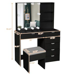 FCH Coiffeuse noire avec 6 tiroirs, 2 étagères, armoire miroir, placage triamine, ampoules 3 tons, en aggloméré - Product Image 2