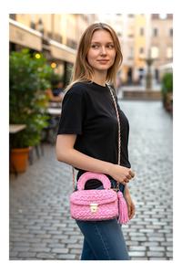 Pink Handcrafted Cotton Crochet Crossbody Sling <b>Handbag</b> with Clasp Closure and <b>Tassel</b> Decoration - Product Image 4