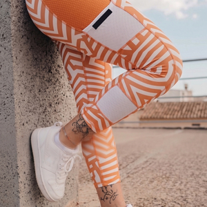 Leggings de sport taille haute orange et blanc pour femme, longueur intégrale, extensibles, séchage rapide, compression, 100 % polyester, pantalon moulant - Product Image 4