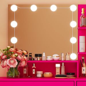 Set Toeletta Europea Rosa in MDF con 1 Cassetto e 1 Anta in Vetro, Tavolo da Trucco per Camera da Letto con Lampadina a Tre Colori, Impiallacciatura in Melamina per Comò - Product Image 5