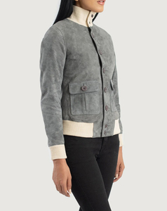 Blouson Bomber en Daim Gris pour Femme 2026, Col Montant, Manches Longues, Fermeture Boutonnée, Collection Automne, Prix Bas, Vente en Gros - Product Image 4