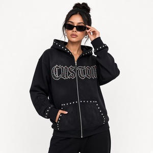 Sudadera con capucha negra extragrande personalizada con cremallera y pedrería, 100% algodón, tela suave, estilo vintage, para uso cómodo unisex. - Product Image 6