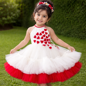 Vestido de Niña con Bordado de Corazón Blanco y Rojo |   Vestido de Fiesta de Tul Hecho a Mano de Lujo para Niñas de 1 a 8 Años - Product Image 1