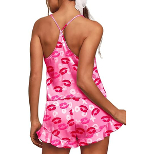 Pijama de satén rosa con estampado de labios para mujer, cuello en V, sin mangas, corto, sexy, suave, con cintura elástica, para verano - Product Image 3