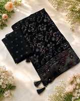 Sari en soie noire élégant avec broderie florale pour femme, tenue de mariage, style ethnique indien pakistanais, longueur ras du sol, taille standard
