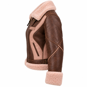 <b>Womens</b> Brown Blush Pink Genuine Sheepskin Leather Shearling <b>Jacket</b> Plush <b>Fleece</b> Lapel Buckled Strap Winter <b>Warm</b> Coat - Product Image 4