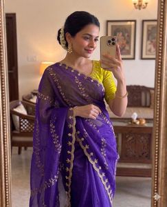 Sari en organza sergé pur et doux, brodé à la main, avec chemisier en satin épais, pour femme, idéal pour les fêtes et mariages, tenue ethnique traditionnelle de créateur moderne - Product Image 3