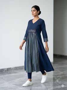 Indian Pakistani Dress V Neck Long Sleeve Midi Dress Embroidered Waist Striped Skirt Women Casual Wear - Product Image 5