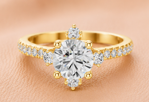 Round Cut Diamond <b>Statement</b> <b>Ring</b> with Baguette Side Stones in Yellow White and Rose Gold Fine Jewelry Design - Product Image 1