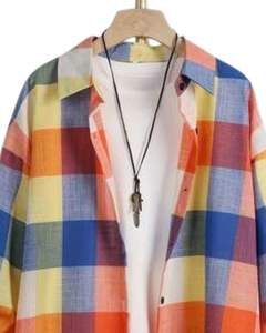 Vestido Camisero Largo a Cuadros Multicolor Personalizado para Mujer, Estilo Túnica Casual con Botones, Holgado y de Gran Tamaño, en Algodón y Lino - Product Image 4