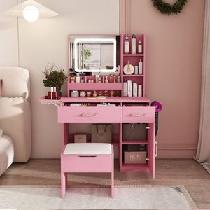 LED Mirror Lights Vanity Desk with Power Outlet Charging Station 3 Drawers and 7 Shelves Storage <b>Makeup</b> Dressing <b>Table</b> - Product Image 1