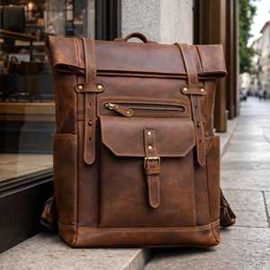 High Quality Leather <b>Roll</b> Top <b>Backpack</b> Handcrafted Cowhide Travel Bag Unisex Vintage Rucksack Cotton Zipper Low MOQ Price - Product Image 4