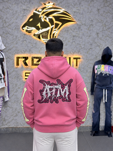 <b>Pink</b> <b>Men's</b> Zip-Up <b>Hoodie</b> With Bone Sleeve Design Streetwear Oversized Fit Cotton Fleece Autumn Style - Product Image 2