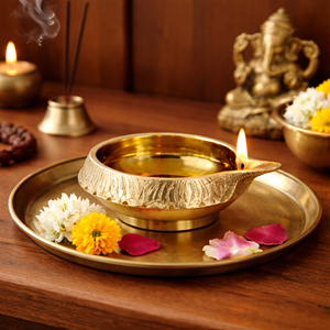 Traditional Brass Diya <b>Oil</b> <b>Lamp</b> Round Engraved Design for Diwali Puja Home Temple Decor Akhand Jyoti Tabletop Use - Product Image 4