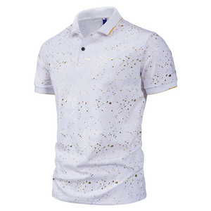 Camisa de Manga Corta para Hombre, Color Azul Marino, con Estampado de Lámina Dorada, Cuello Clásico, Corte Entallado, Casual, Antiarrugas, con Bolsillo - Product Image 1