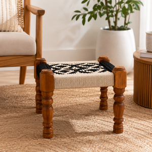Tabouret ottoman traditionnel en bois fait main de qualité supérieure, rembourré en tissu, meuble polyvalent pour salon et chambre à coucher - Product Image 2