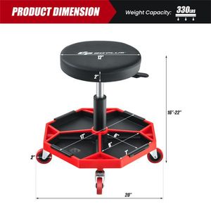 Sgabello Regolabile in Altezza con Ruote, Rosso, Resistente, con Vassoio Portautensili, Capacità 150 kg, per Riparazioni Auto - Product Image 3