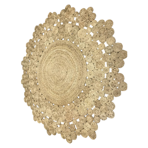 Handwoven Natural Jute Oval <b>Rug</b> with Sunburst Medallion Black Border & Crochet Loop Low Pile <b>Rustic</b> Design - Product Image 1