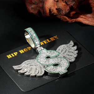 Unisex Hip Hop Dollar Sign Charm Necklace Wings Cubic Moissanite Claw Setting Rhodium Plated <b>Rope</b> <b>Chain</b> Custom Silver Jewelry - Product Image 5