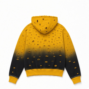 Sweat à capuche zippé personnalisé hiver jaune et noir délavé effet ombré, design streetwear vintage très déchiré avec détails en strass, 100% coton - Product Image 2