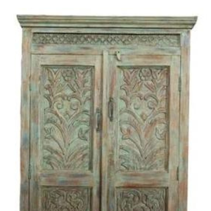 Luxury Handcrafted Solid Wood 2 Door <b>Wardrobe</b> Ornate Leaf Carving Distressed Teal Green Armoire - Product Image 3