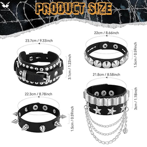 Good Seller Adjustable Black PU Leather <b>Bracelet</b> <b>Set</b> With Metal Star Chain Rivet Stud Design Unisex Fashion Wrist Accessories - Product Image 2