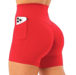 Shorts de motard taille haute rouges pour femme, couleur unie, extensibles, avec poches, coupe classique, en tricot de spandex et polyester, écologiques - Product Image 2