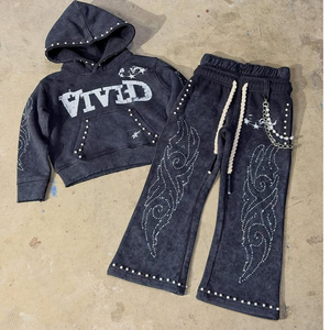 Ensemble de survêtement vintage personnalisé pour homme, deux pièces, avec strass, imprimé effet vieilli, coupe jogger, délavé à l'acide, évasé, style streetwear - Product Image 1
