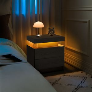 Modern LED <b>Bedside</b> <b>Table</b> Nightstand with 2 Drawers <b>Black</b> Woodgrain for Bedroom - Product Image 5