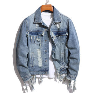 Distressed Blue Men's Denim Jacket Ripped <b>Jean</b> Coat Streetwear Fashion Slim Fit Tassels Fringe Outerwear Casual Style Cotton - Product Image 6