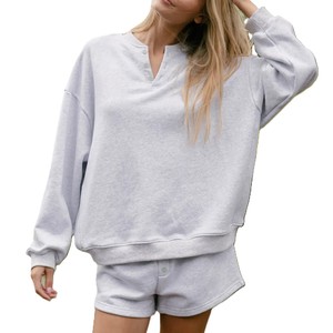 Women's Light Gray Knitted <b>Long</b> <b>Sleeve</b> <b>Henley</b> Sweatshirt Regular Fit Casual Autumn Wear 100% Cotton Breathable Solid Color - Product Image 5