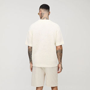 Camiseta de punto de algodón de manga corta para hombre, diseño personalizado con logo, estilo casual, de gran tamaño, de malla de ganchillo - Product Image 3