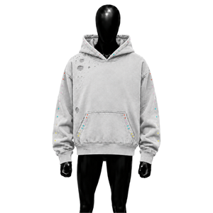 VINTAGE WASHED SILVER DISTRESSED OVERSIZED HOODIE MODERN LIGHT MINIMAL LOOSE FIT HEAVYWEIGHT CASUAL SWEATSHIRT EMBROIDERED - Product Image 1