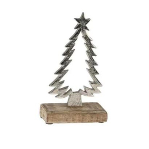 Escultura de Árbol de Navidad de Metal sobre Base de Madera, Decoración Moderna y Minimalista para Mesa Navideña, Aluminio Plateado, Hecho a Mano - Product Image 1