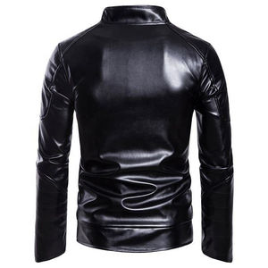 Men's 100% Polyester Thick Leather Jacket Stand Collar <b>Covered</b> <b>Button</b> Patchwork Design Windproof Breathable Cotton Filled High - Product Image 4