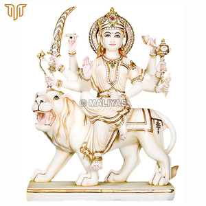 White Marble Durga Maa Murti on Lion | Six Armed Sherawali Idol with Golden Crown, Halo and Sacred Weapons by MALIYAS Jaipur - Product Image 2