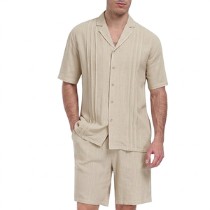 Ensemble d'été deux pièces pour homme en tissu éponge respirant à séchage rapide : chemise boutonnée à manches courtes et pantalon assorti – Idéal pour la plage et les vacances - Product Image 4