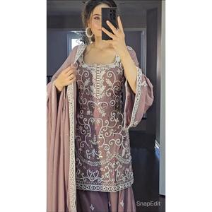 NOUVELLE ARRIVÉE GEORGETTE SEQUENCE MULTI NEEDLE WORK TOP PALAZZO AVEC DUPATTA - Product Image 4