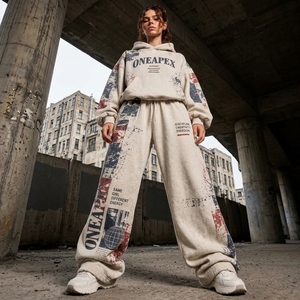 Conjunto de Sudadera con Capucha y Pantalones Anchos con Estampado Gráfico, Lavado Ácido, Color Personalizado, para Mujer, Ropa Deportiva Informal de Invierno - Product Image 3