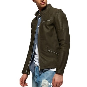 Blouson moto homme en cuir véritable, col montant, fermeture éclair, imperméable, réversible, respirant, hiver, couleur unie, coupe ajustée - Product Image 2